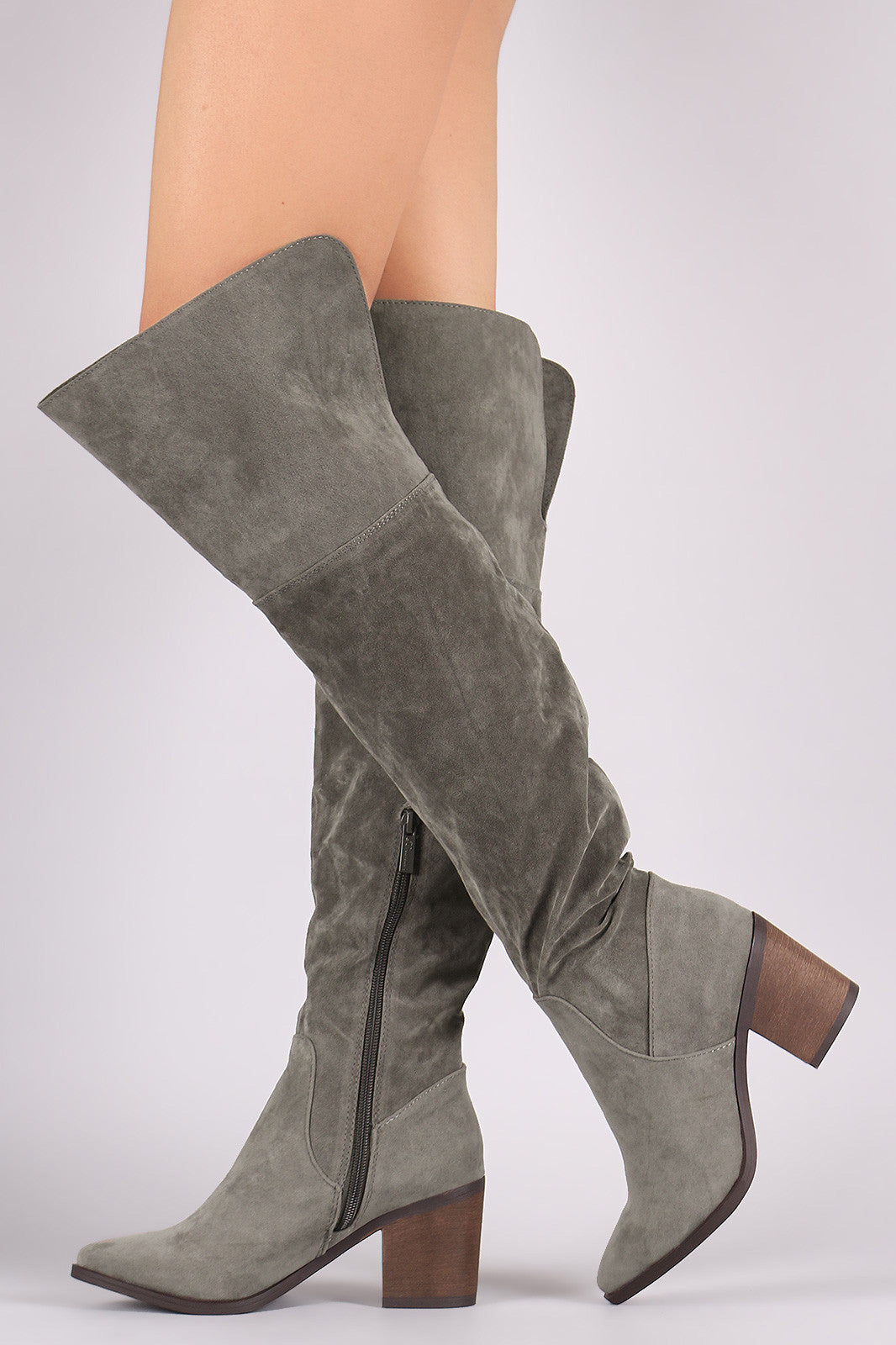 Breckelle Suede Cuff Pointy Toe Block Heeled Over-The-Knee Boots