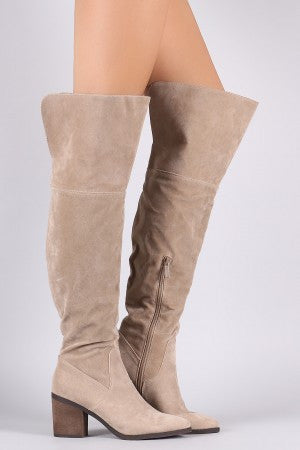 Breckelle Suede Cuff Pointy Toe Block Heeled Over-The-Knee Boots