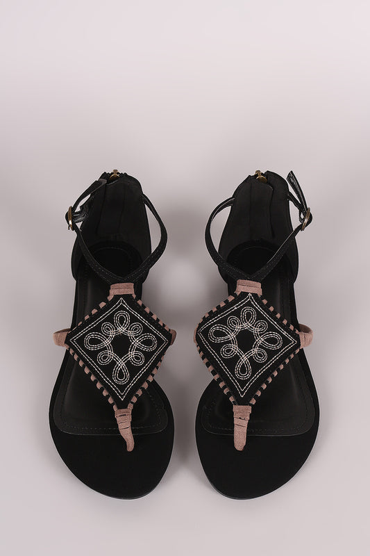 Bamboo Nubuck Embroidery And Whipstitch Thong Flat Sandal