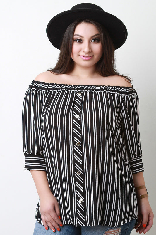 Striped Button Accent Off The Shoulder Top