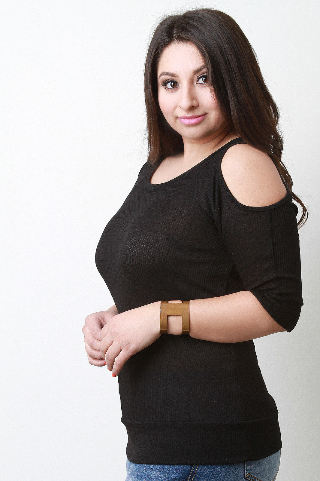 Casual Ribbed Knit Round Neck Cold Shoulder Top