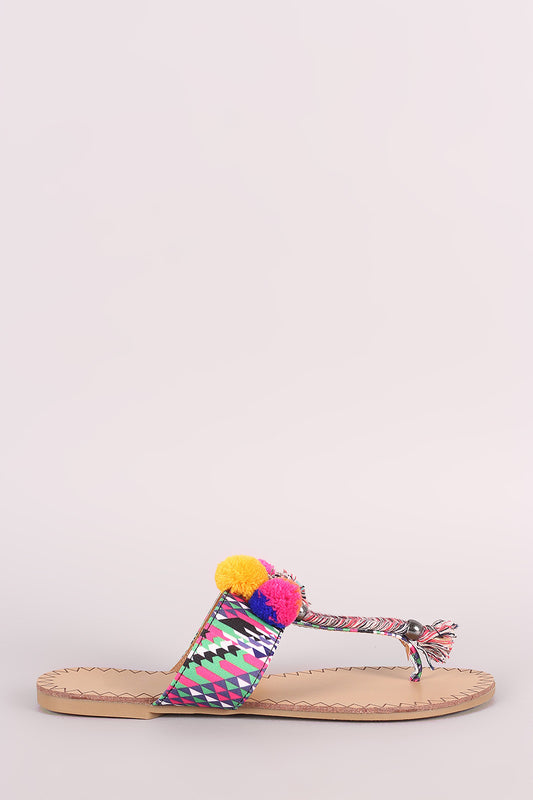 Qupid Pom Pom Kaleidoscope Print T-Strap Flat Sandal
