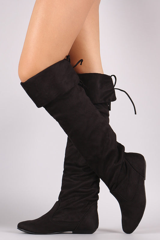 Suede Back Lace-Tie Cuff Knee High Flat Boots