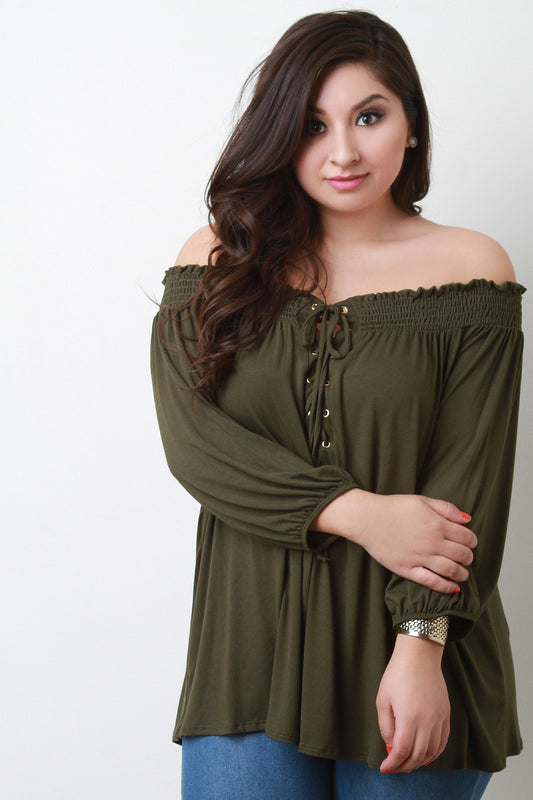 Smocked Off The Shoulder Lace Up Top