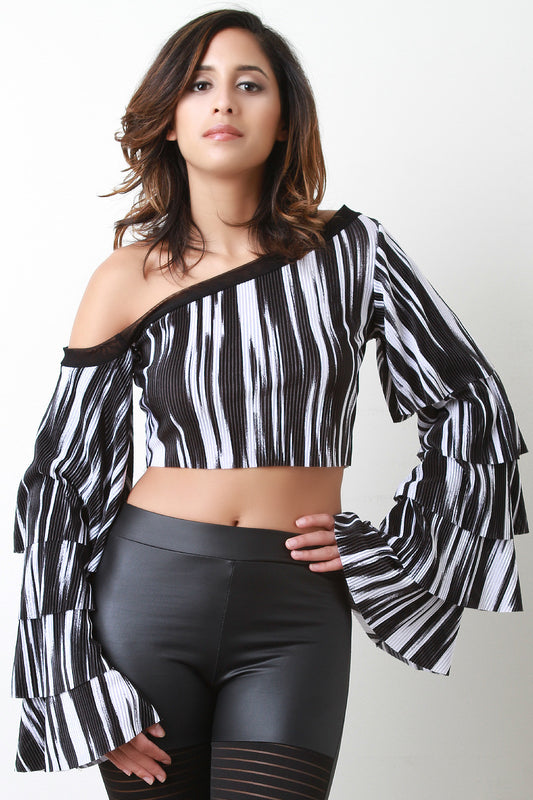 Tier Bell Sleeves One Shoulder Crop Top