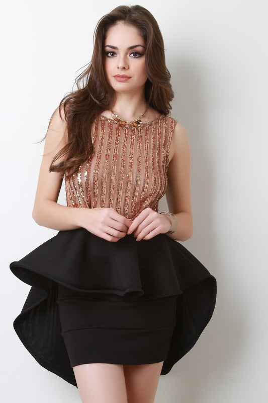 Sequin Mesh Stripe High Low Peplum Top