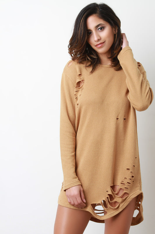 Destroyed French Terry Long Sleeves Dress