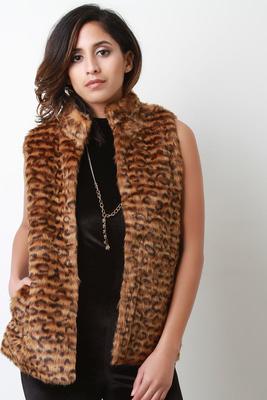 Faux Fur Leopard Mock Neck Vest