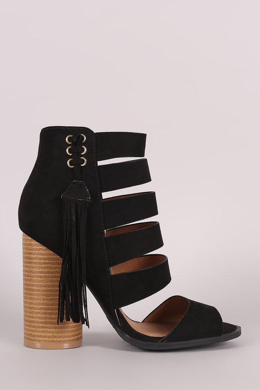 Qupid Strappy Fringe Tassel Rounded Chunky Heel