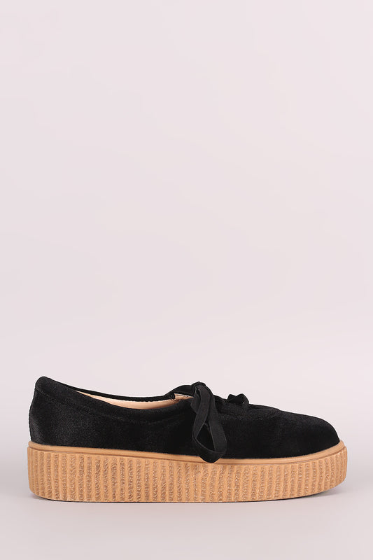 Velvet Round Toe Lace Up Flatform Creeper Sneaker