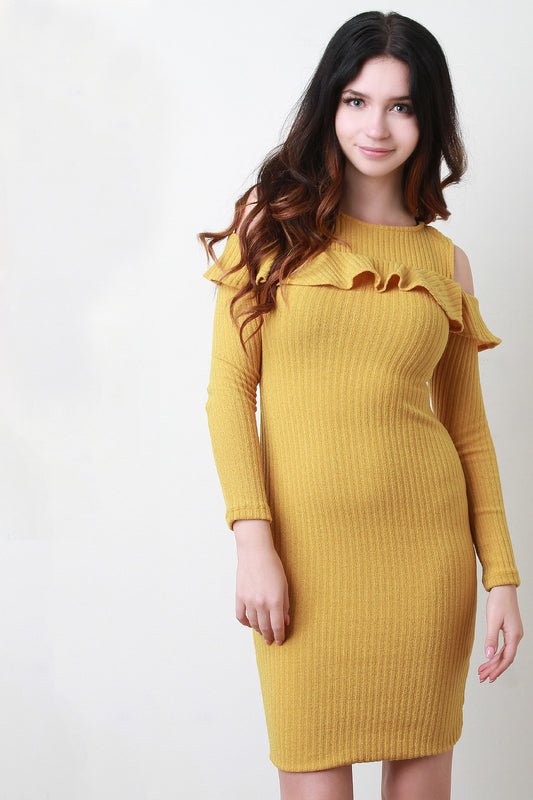 Ribbed Knit Cold Shoulder Ruffle Midi Dress