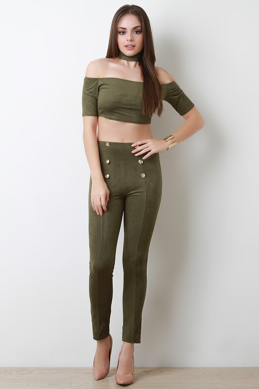 Faux Suede Double Button Pants