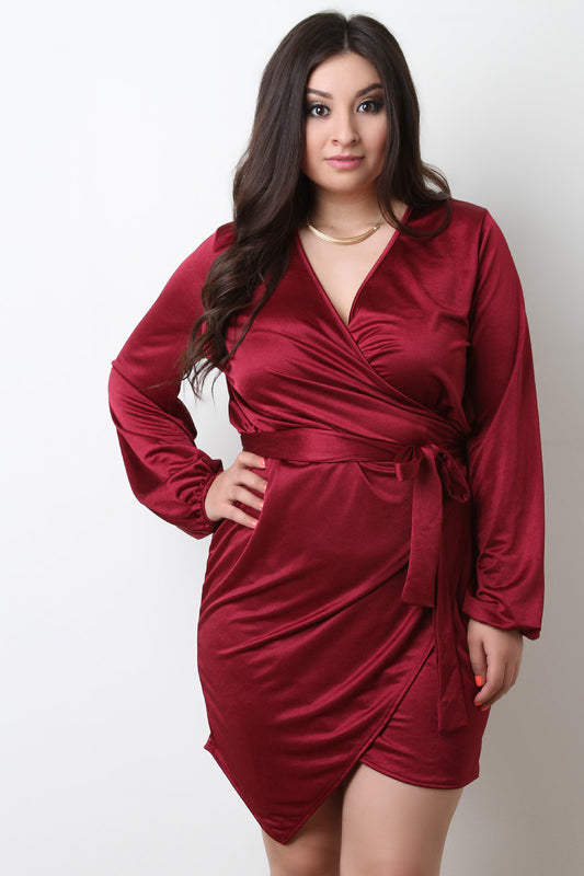 Surplice V-Neck Wrap Satin Knit Dress