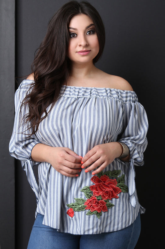 Striped Bardot Floral Patched Top