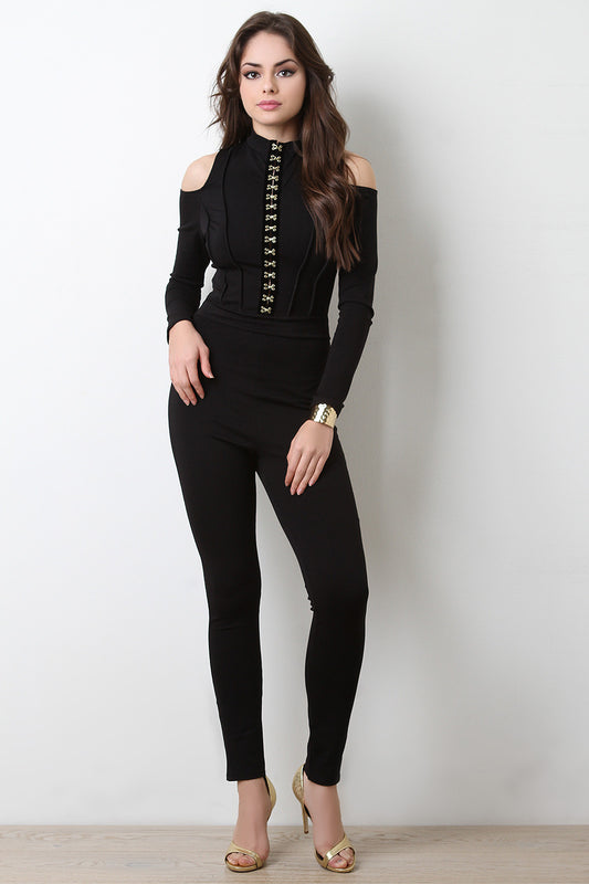Structured Hook And Eye Cold Shoulder Jumpsuit