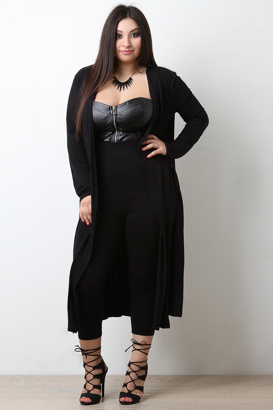 Jersey Knit Side Slits Long Line Cardigan