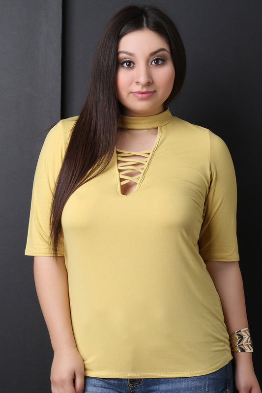 Mock Neck Crisscross Keyhole Elbow Sleeves Top