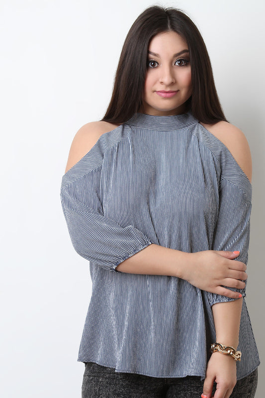 Striped Cold-Shoulder Quarter Sleeves Flowy Top