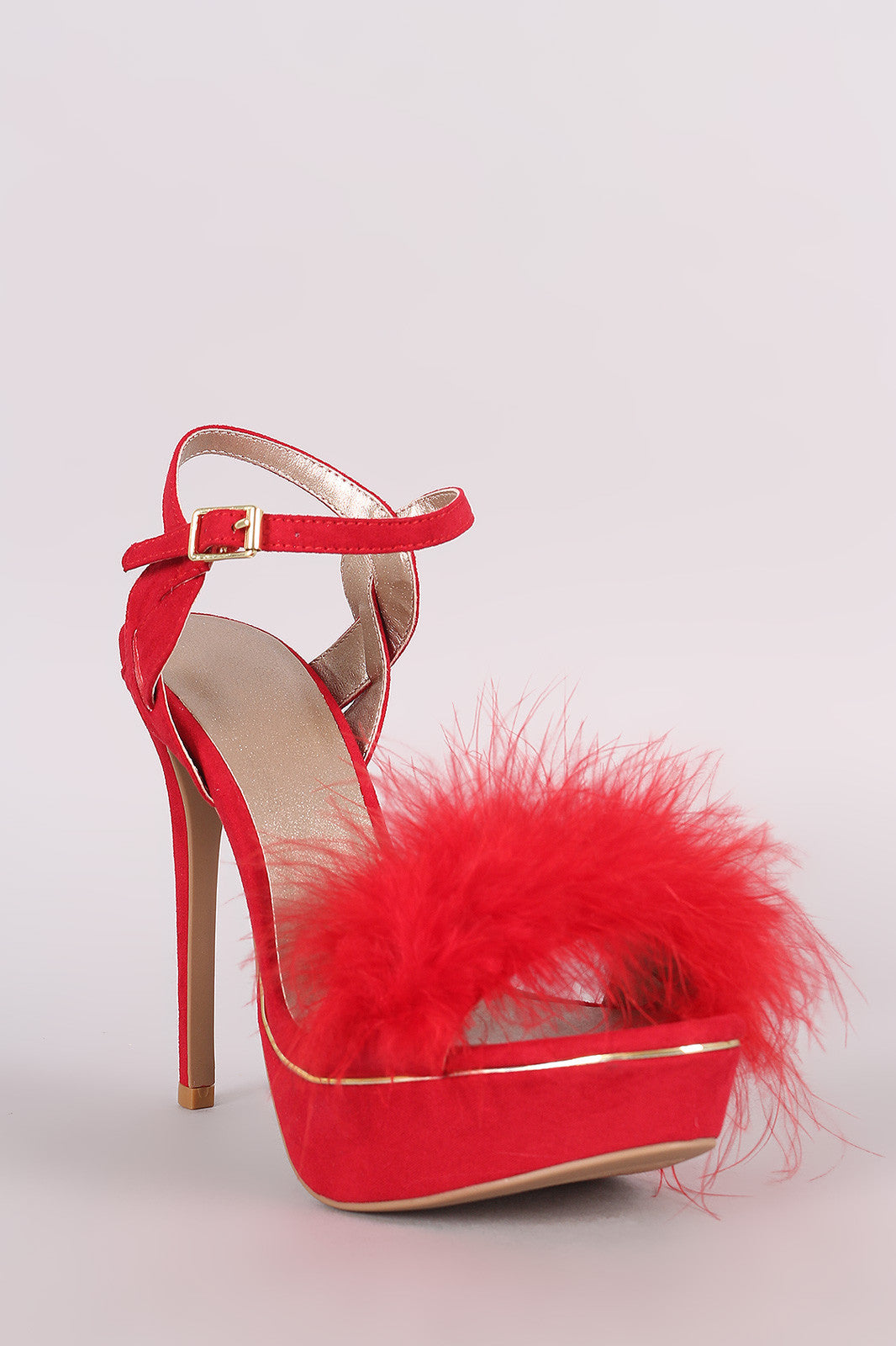 Qupid Faux Feather Band Ankle Strap Suede Stiletto Platform Heel