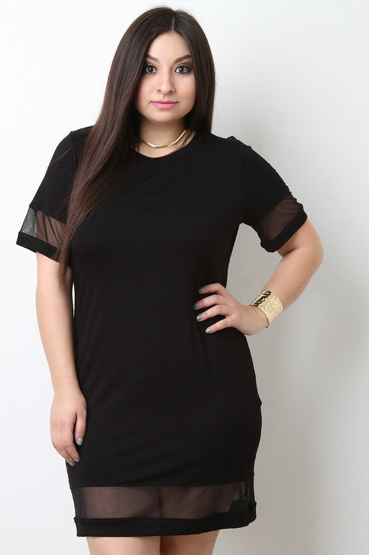 Jersey Knit Semi-Sheer Mesh Mini Dress