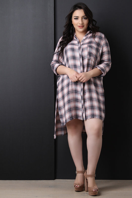 High Low Button Up Plaid Dress