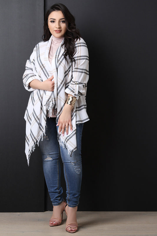 Textured Plaid Long Sleeve Cardigan