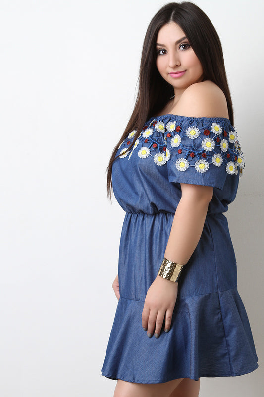 Daisy Embroider Lace Bardot Denim Dress