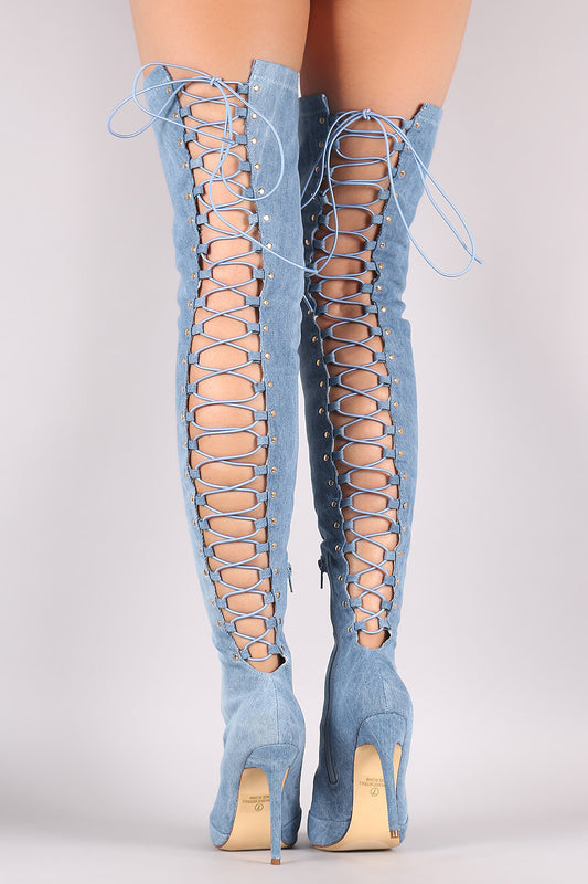 Denim Back Studded Lace Up Pointy Toe Boots