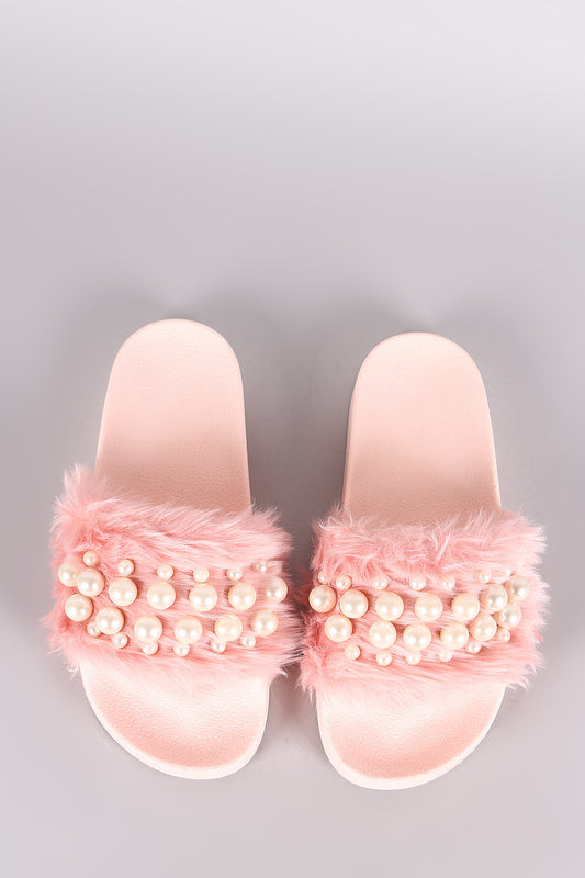 Wild Diva Lounge Faux Pearl Embellished Fur Slide Sandal