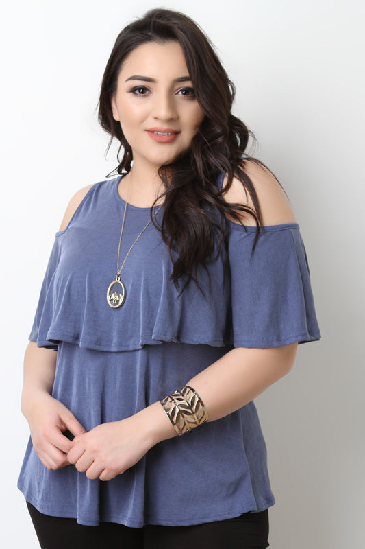 Ribbed Knit Cold Shoulder Ruffle Top