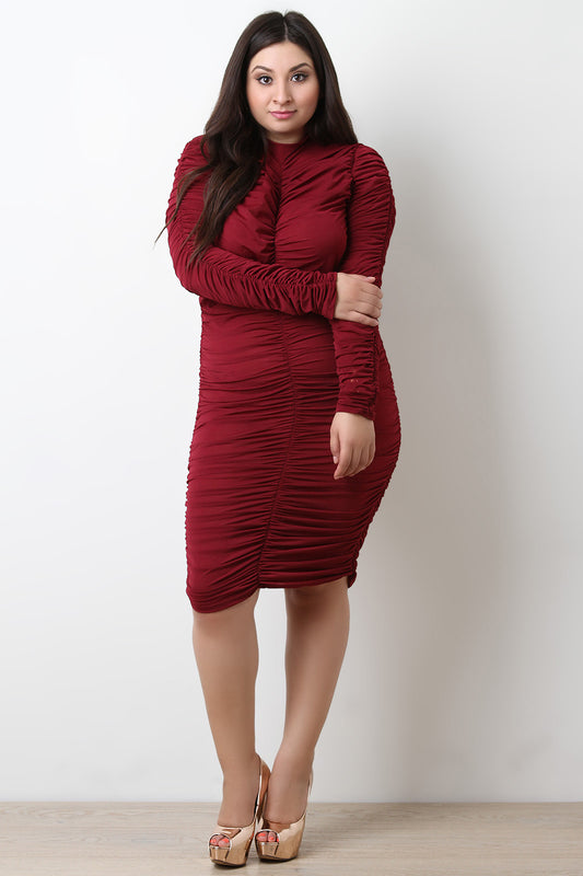 Semi-Sheer Mock Neck Ruched Dress