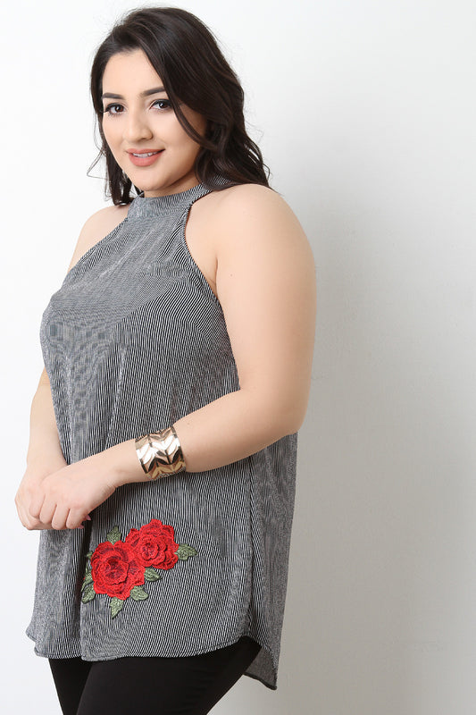 Striped Floral Patch Sleeveless Flowy Top