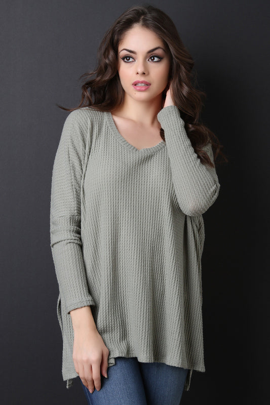 Thermal Knit Long Sleeve High Low Boxy Top
