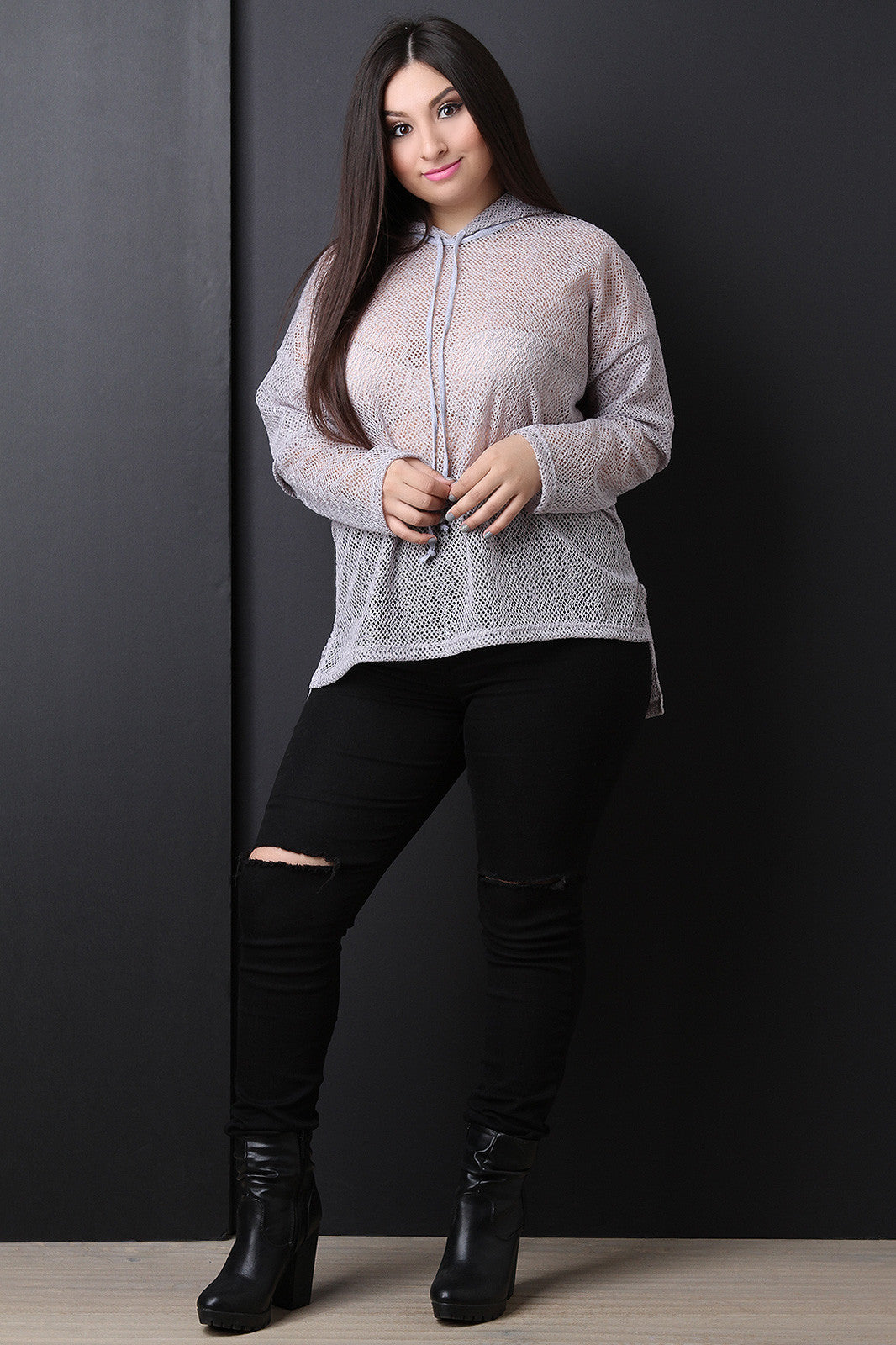 Chevron Semi-Sheer Mesh Hooded Top