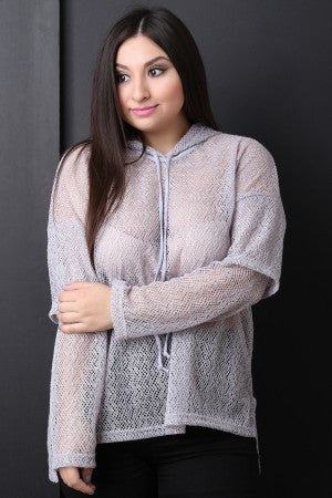 Chevron Semi-Sheer Mesh Hooded Top
