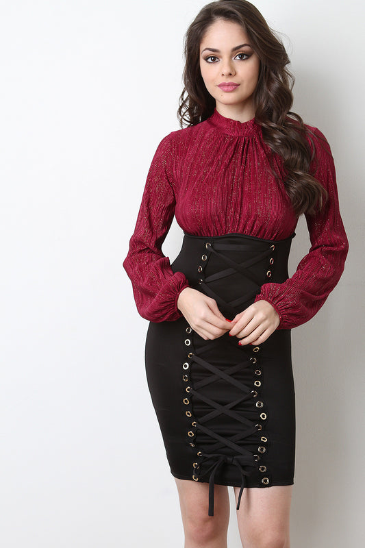 Glitter Ruched Mock Neck Twofer Dress