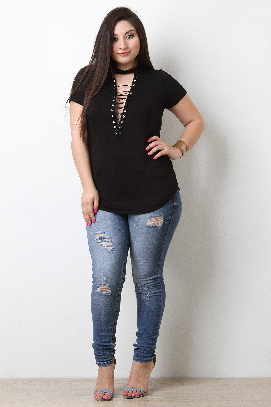 Soft Knit Choker Neck Corset Lace Up Top