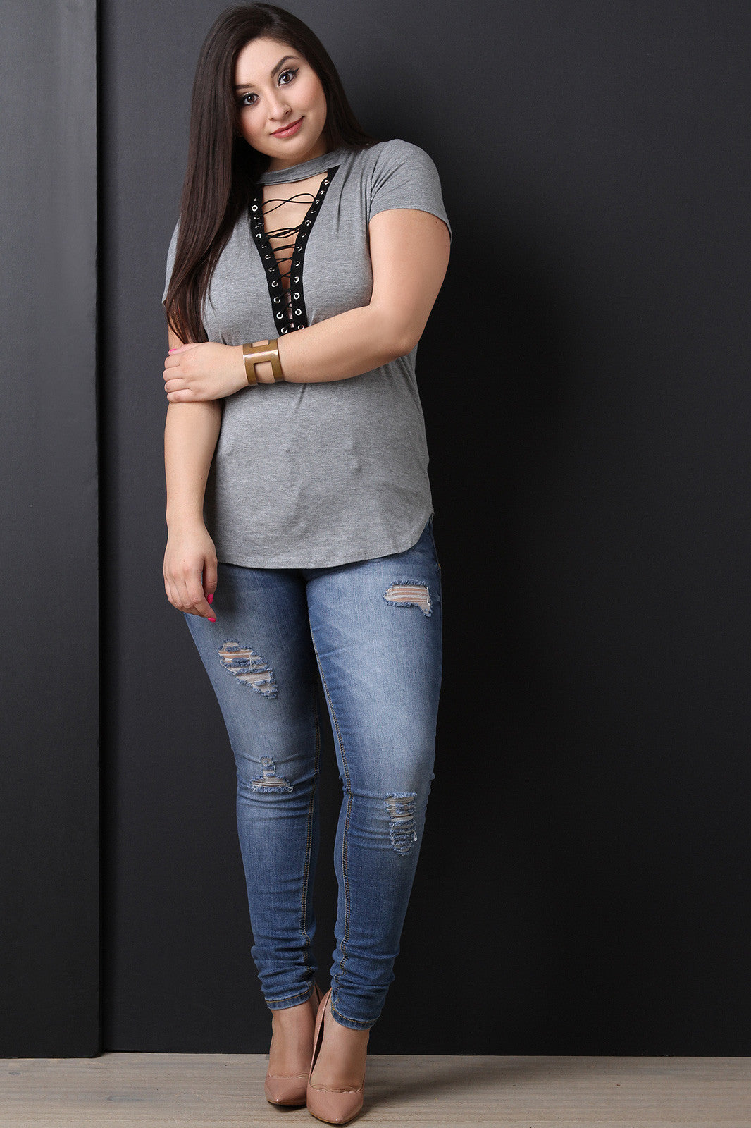 Soft Knit Choker Neck Corset Lace Up Top