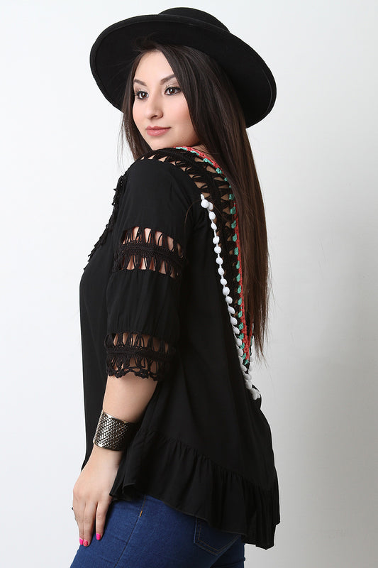 Fringe Crochet Neck Open Back Blouse Top
