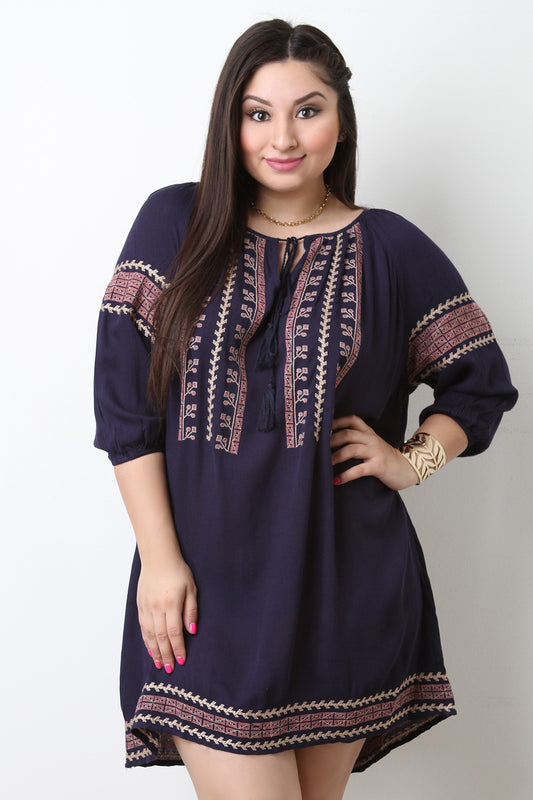 Embroidered Design Peasant Mini Dress