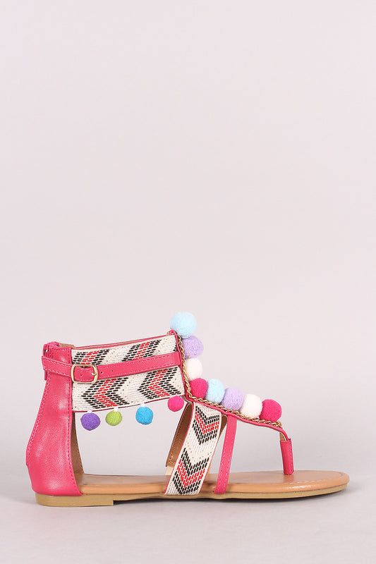 Pom Pom T-Strap Chevron Ankle Cuff Gladiator Thong Flat Sandal