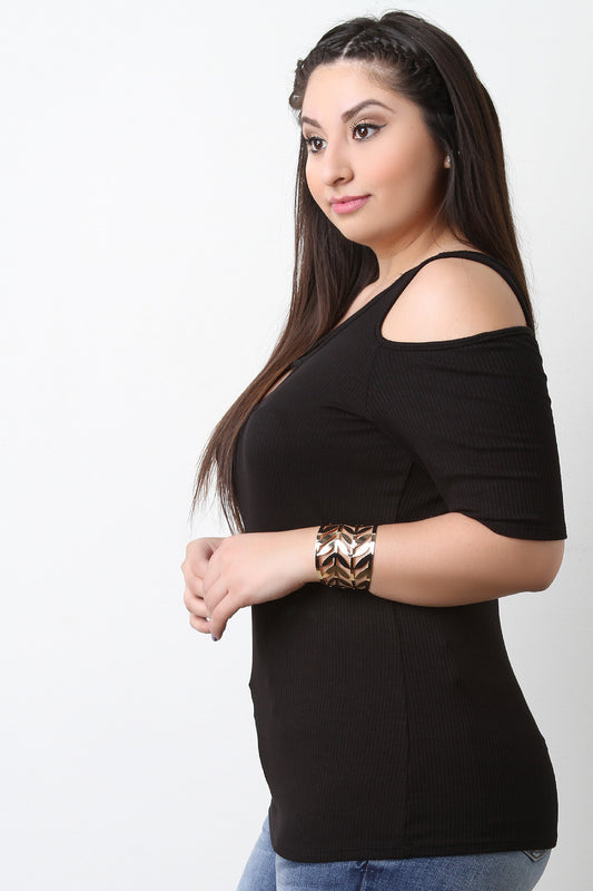 Ribbed Knit Crisscross Cold Shoulder Top