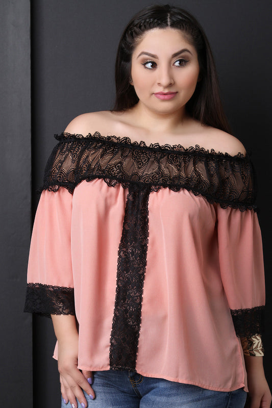 Chiffon Off The Shoulder Semi-Sheer Lace Top