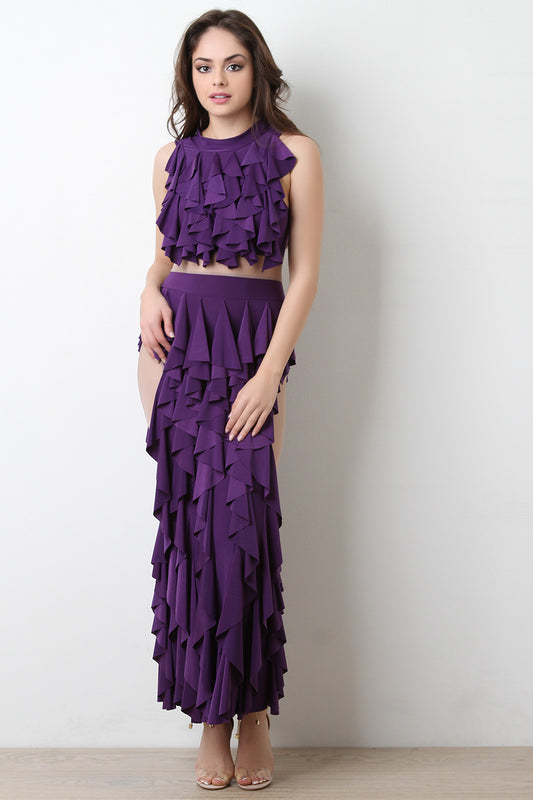 Semi-Sheer Mesh Tiered Ruffle Maxi Dress