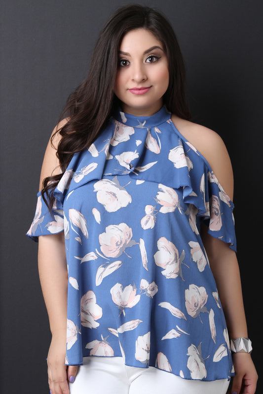 Textured Floral Ruffle Cold Shoulder Top