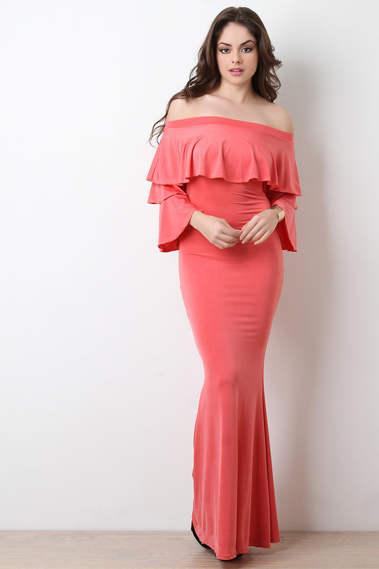 Off-The-Shoulder Tiered Ruffle Maxi Mermaid Dress