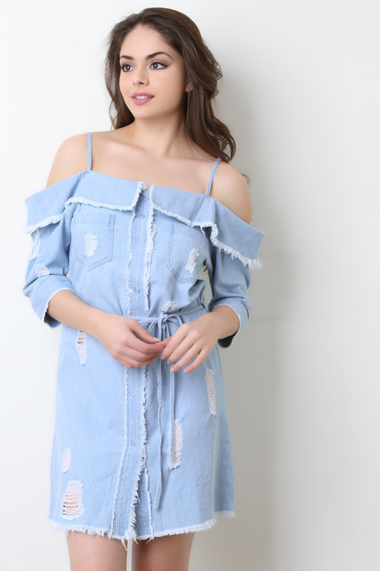 Frayed Denim Open Shoulder Button-Up Dress