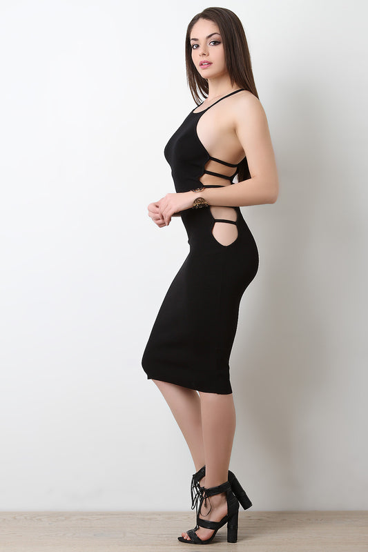 Stretchy Ribbed Knit Side Slit Caged Design Midi Dress