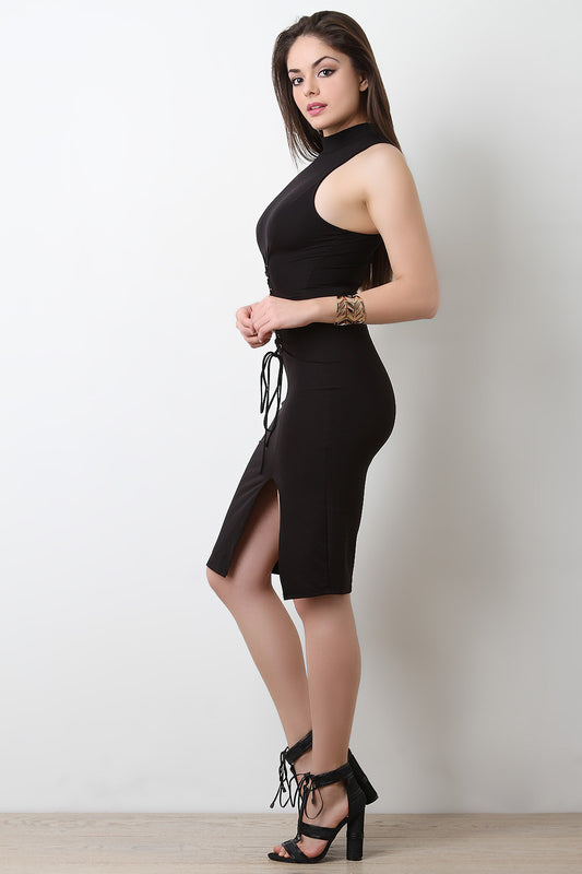 Leg Slit Corset Mock Neck Dress