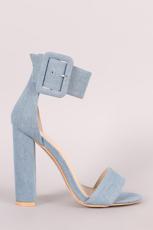 Denim Open Toe Ankle Strap Chunky Heel